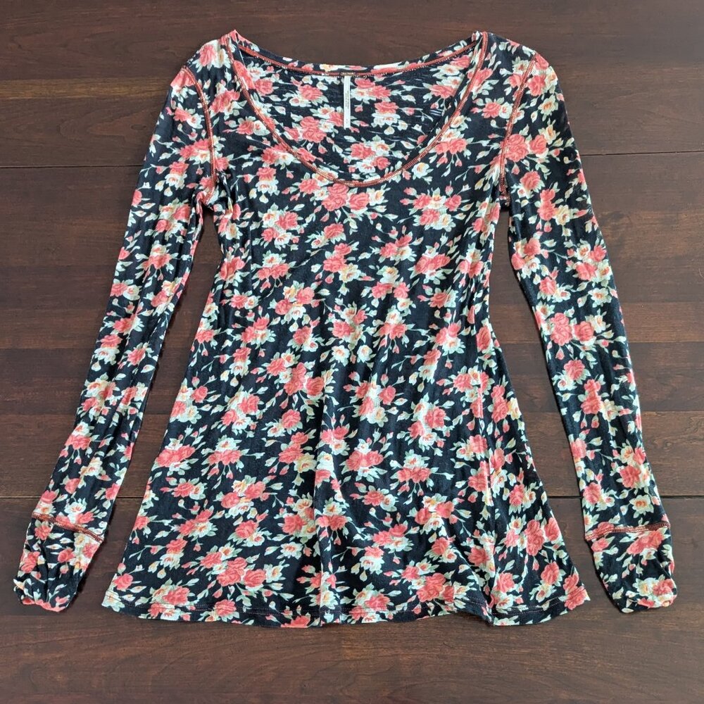 Free People Womens S Black Pink Floral Long Sleeve Top Y2K Whimsigoth Grunge